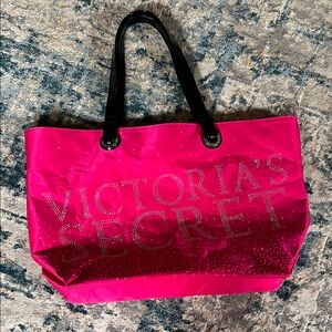 Victoria's Secret Hot Pink Tote with Rhinestone Logo and Black Handles